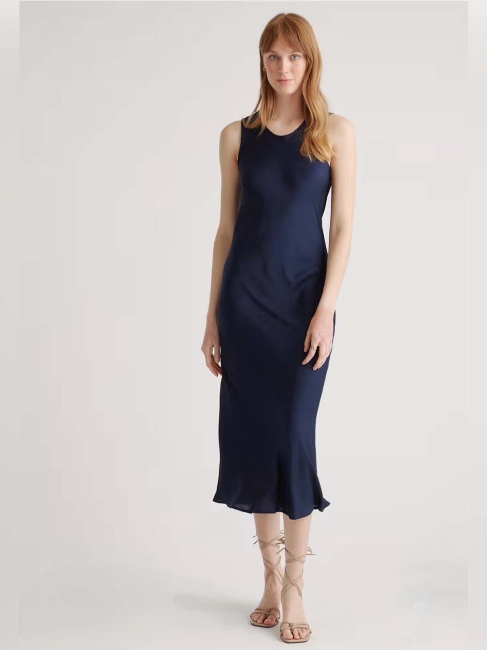 Quince Washable Silk Sleek Navy Sleeveless Slip Tank Dress.